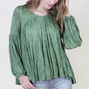 Anama Boho Chic Blouse Green Floral Bishop Sleeves & Tiered Babydoll Small NWT